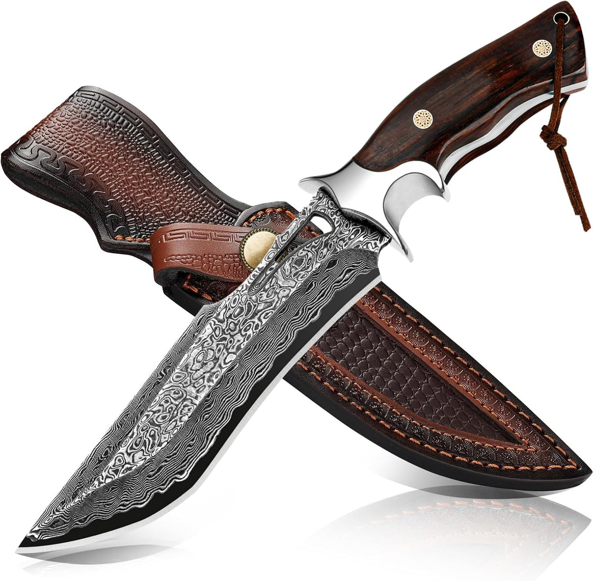 Handmade Damascus Hunting Knife,10.4"Fixed Blade Bowie Knife with Leather Sheath,Real Damascus