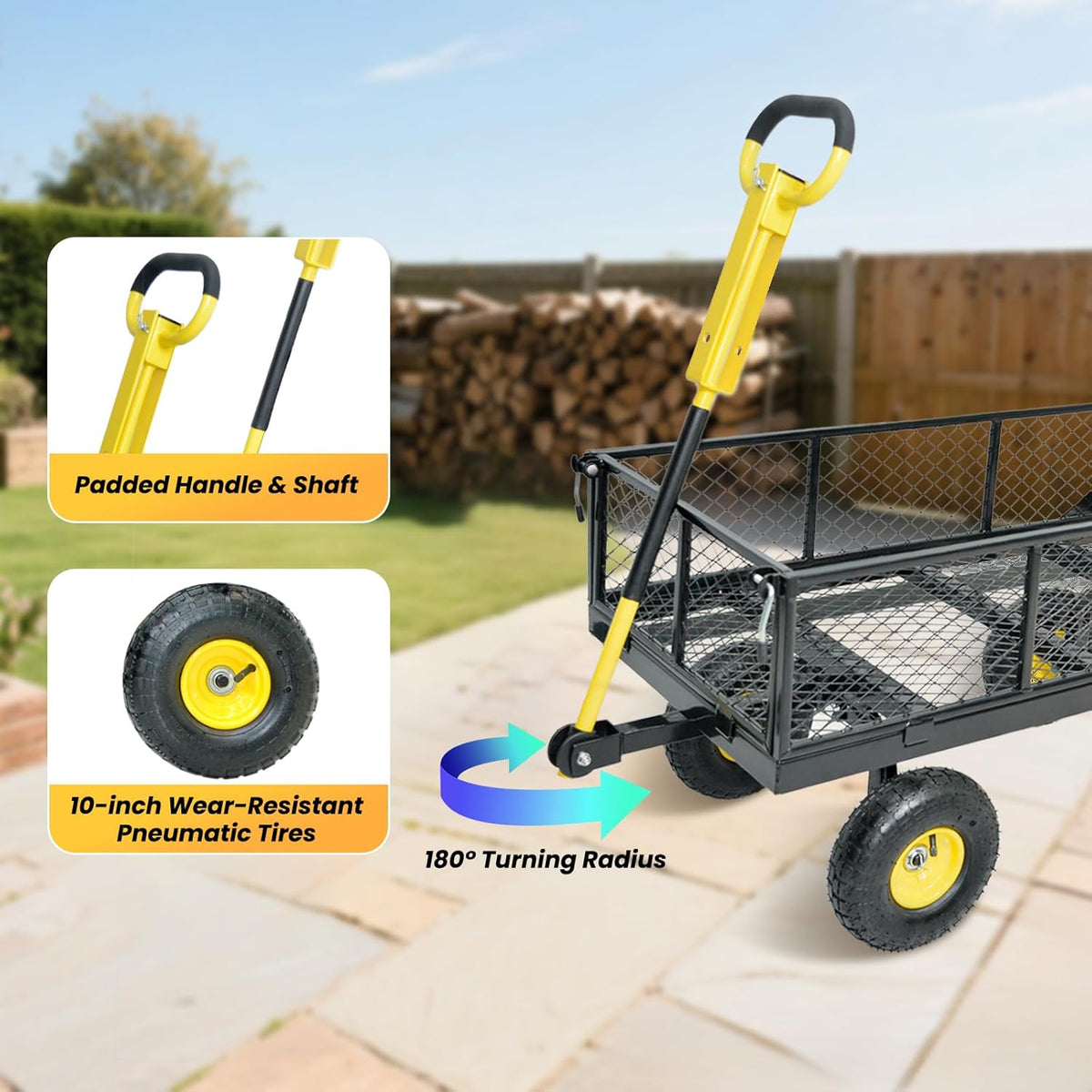 950 lbs Steel Garden Cart, Heavy Duty Yard Utility Wagon with 10" Pneumatic Tires, Removable Mesh