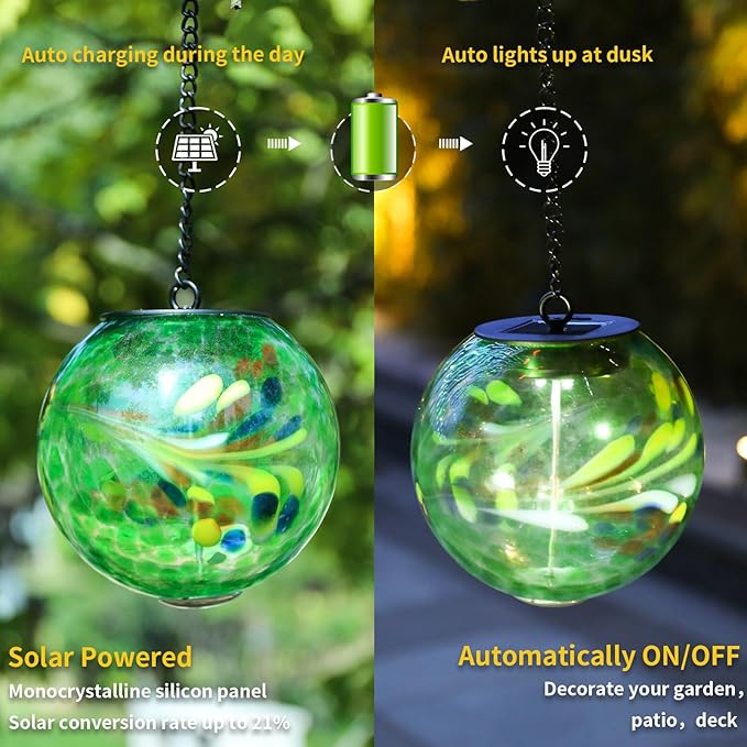VCUTEKA Solar Hanging Lanterns, Outdoor Glass Gazing Ball Lights with Hook, Waterproof