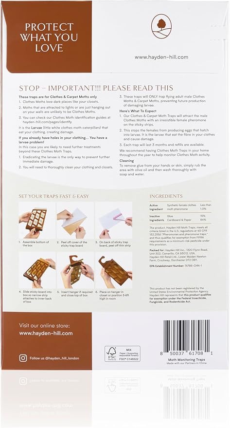 Hayden Hill Moth Traps for Clothes & Closets - 3-Pack - Refillable and Odor-Free Moth Traps for