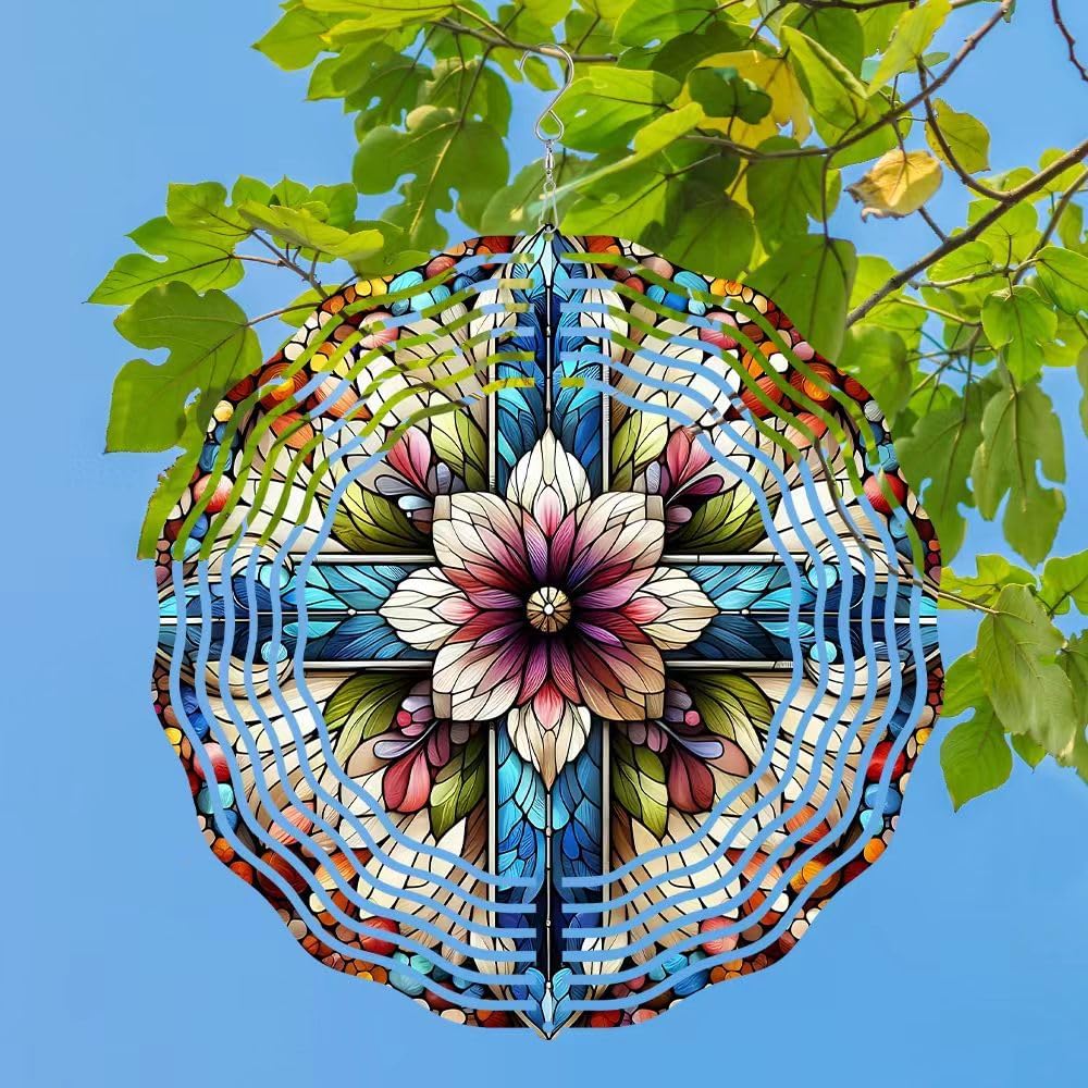 Cross Wind Spinner, Metal Wind Spinners Outdoor/Indoor, Cross Flower Hanging Garden Decor for