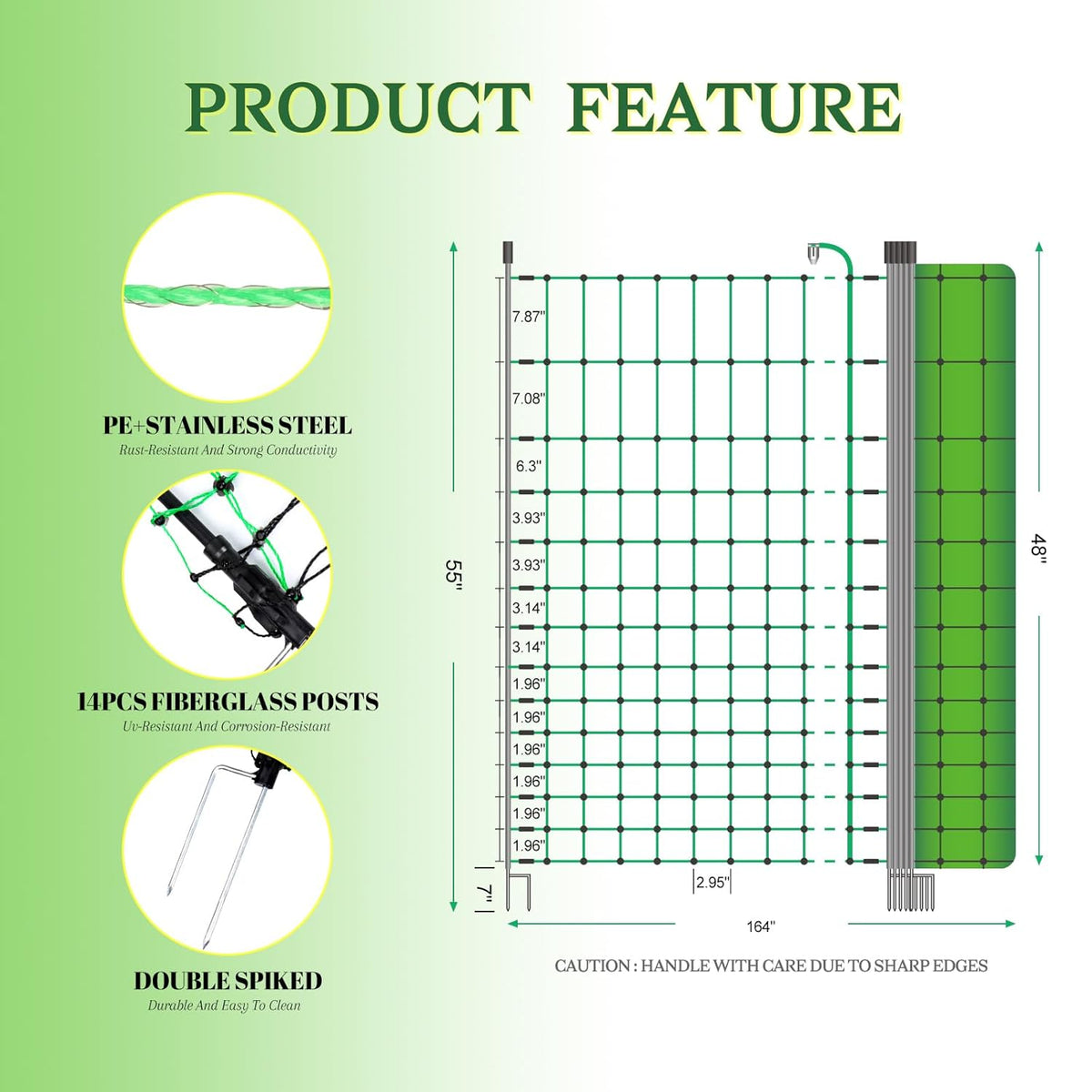 ANDMON Electric Poultry Netting, 48" x 164' Electric Fence Netting with Double Spiked Fiberglass