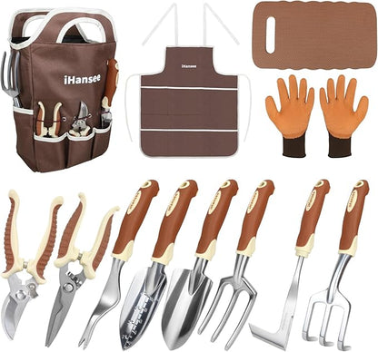 Brown Gardening Tools Set 12-Piece, Garden Hand Tool Kit with Non-Slip Ergonomic Handle, Storage