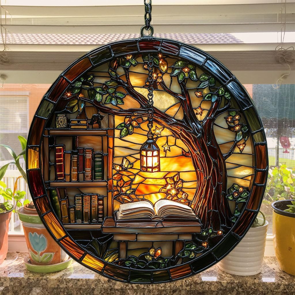 Forest Library Bookshelves Acrylic Suncatcher Stained Glass Effect Window Car Hanging Christmas
