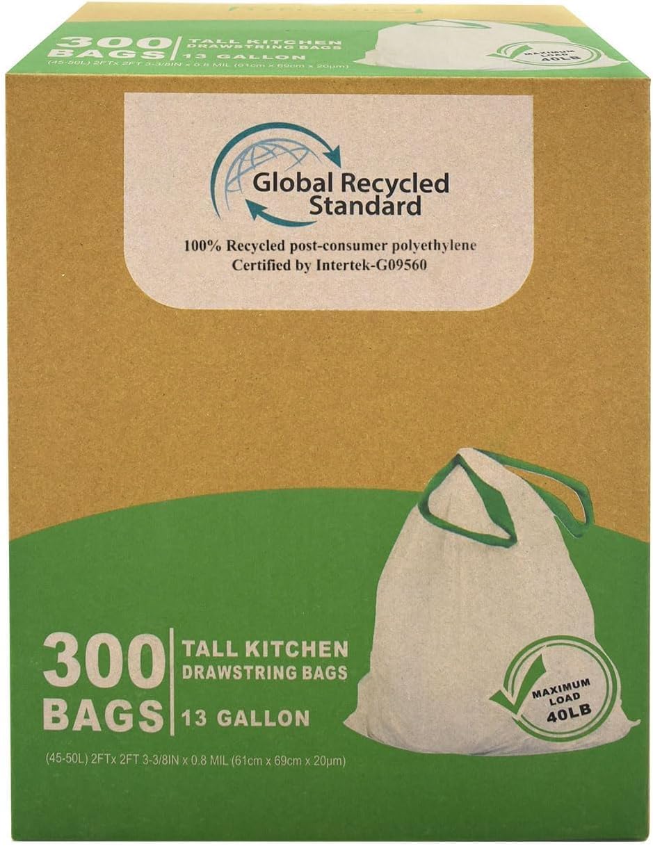 TYPLASTICS 300 Count 13 Gallon Tall Kitchen Drawstring Trash Bags, GRS Compliant, Eco-Friendly