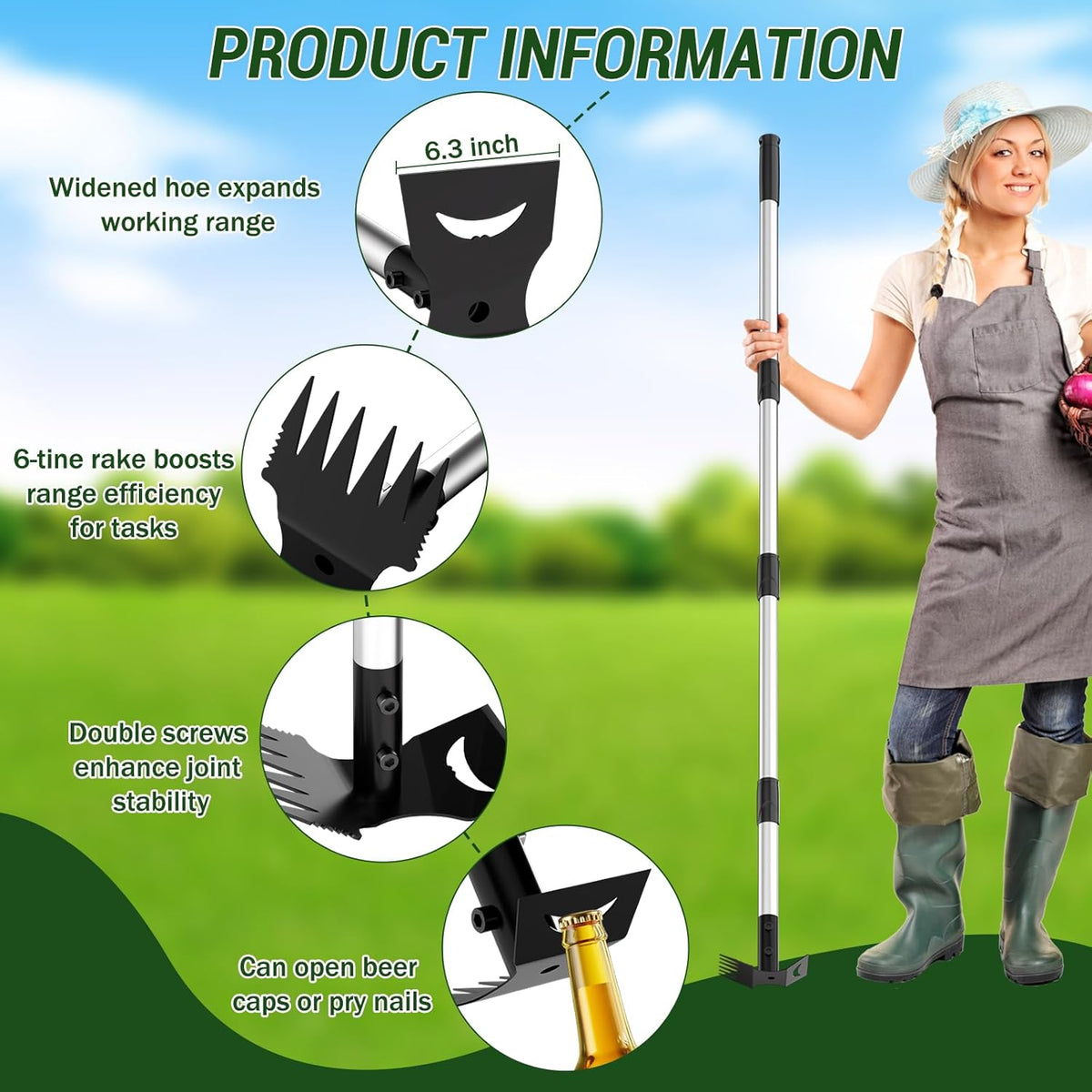 Weed Puller Tool with Long Handle – 2-in-1 Handle Garden Hoe and Weed Rake, Hoe Garden Tool for
