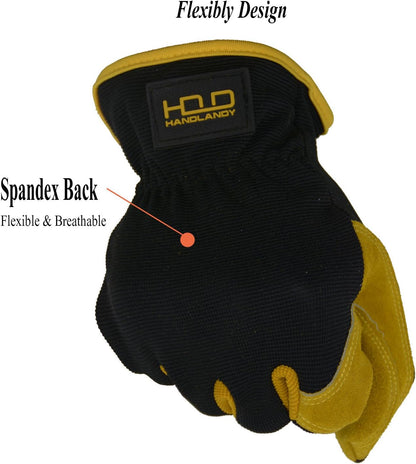 HANDLANDY Men Leather Gardening Gloves, Utility Work Gloves for Mechanics, Construction, Driver