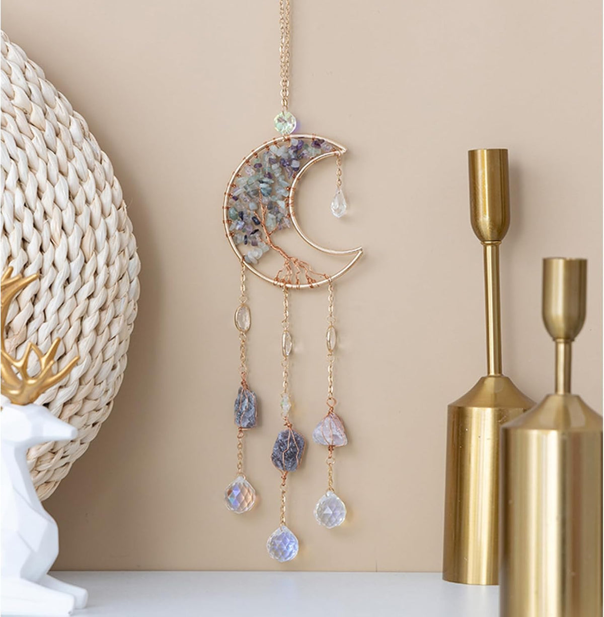 TUOKING Crystal Moon Suncatchers for Window Hanging Tree of Life Natural Healing Stones Wind Chimes