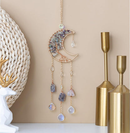 TUOKING Crystal Moon Suncatchers for Window Hanging Tree of Life Natural Healing Stones Wind Chimes
