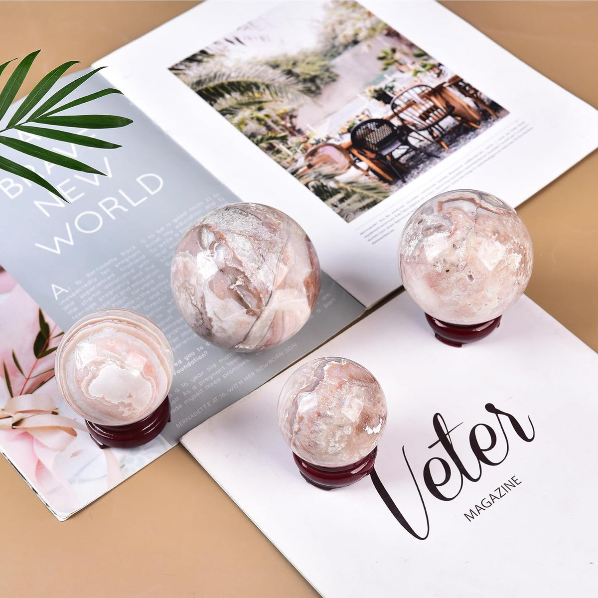 JIC Gem Large Pink Crystal Sphere with Stand Agate Crystal Ball Gemstone Decorative Ball for Home
