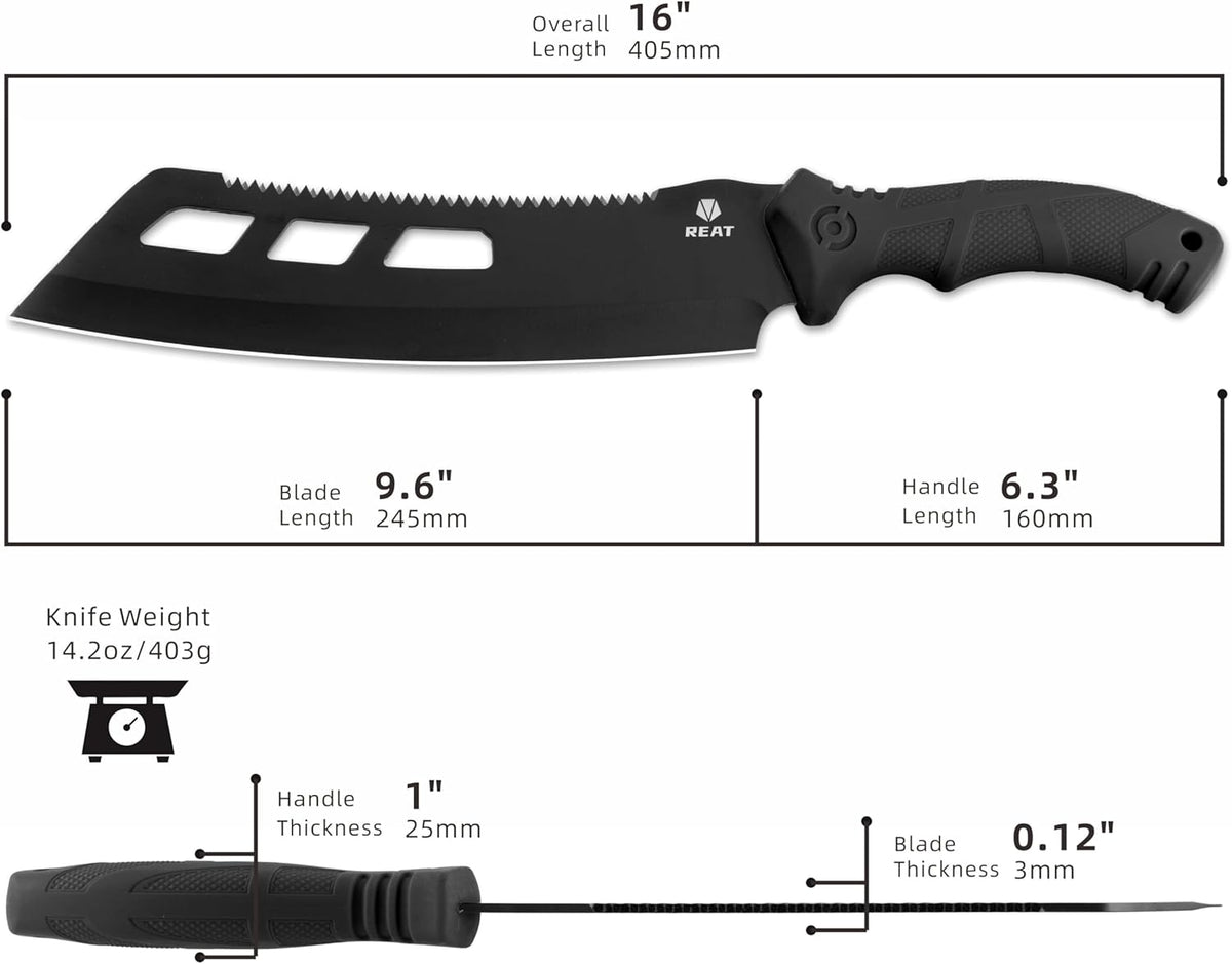 REAT Machete with Saw,16" Heavy Duty Machete with Sheath, Dual-Purpose Gardening Machete Knife for