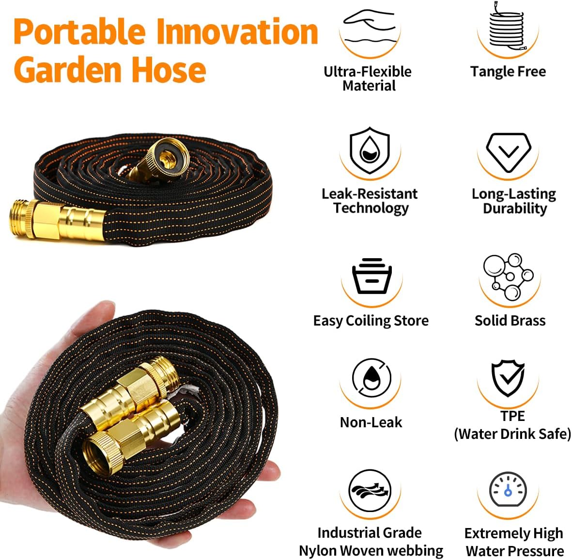 10FT Lightweight Flexible Garden Hose,Non-Slip Handles,Non-kink Hose,Solid Brass Fitting for Boats