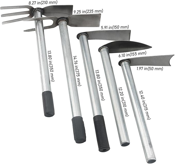 5 PCS Hoe Garden Tool Set, Hoe and Cultivator Hand Tiller, Heavy Duty Digging Hoes, 2 Fork and 3