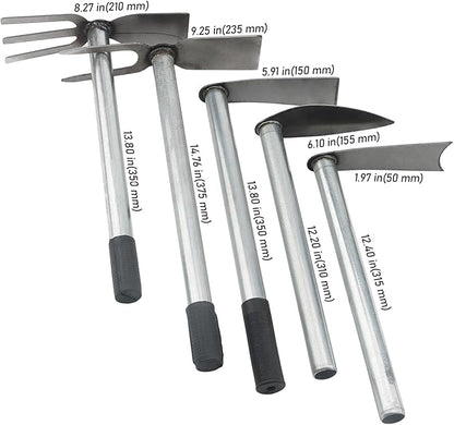 5 PCS Hoe Garden Tool Set, Hoe and Cultivator Hand Tiller, Heavy Duty Digging Hoes, 2 Fork and 3