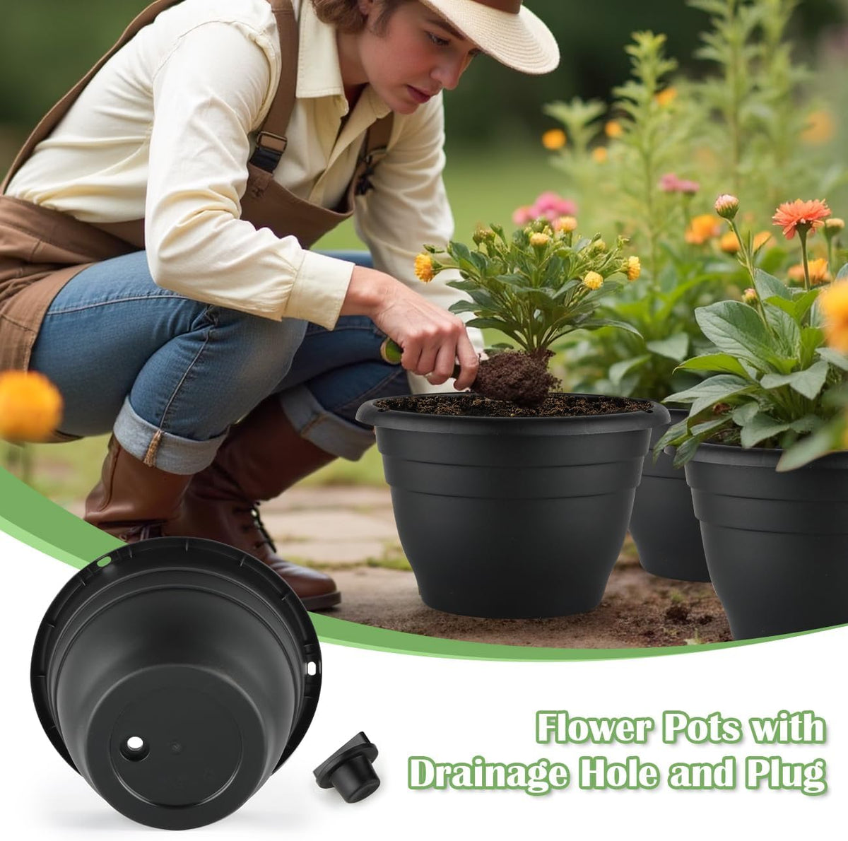 Plant Pots Indoor with Drainage, 3 Pack 11 Inch Plastic Pots for Plants（10 inch Inner Diameter）