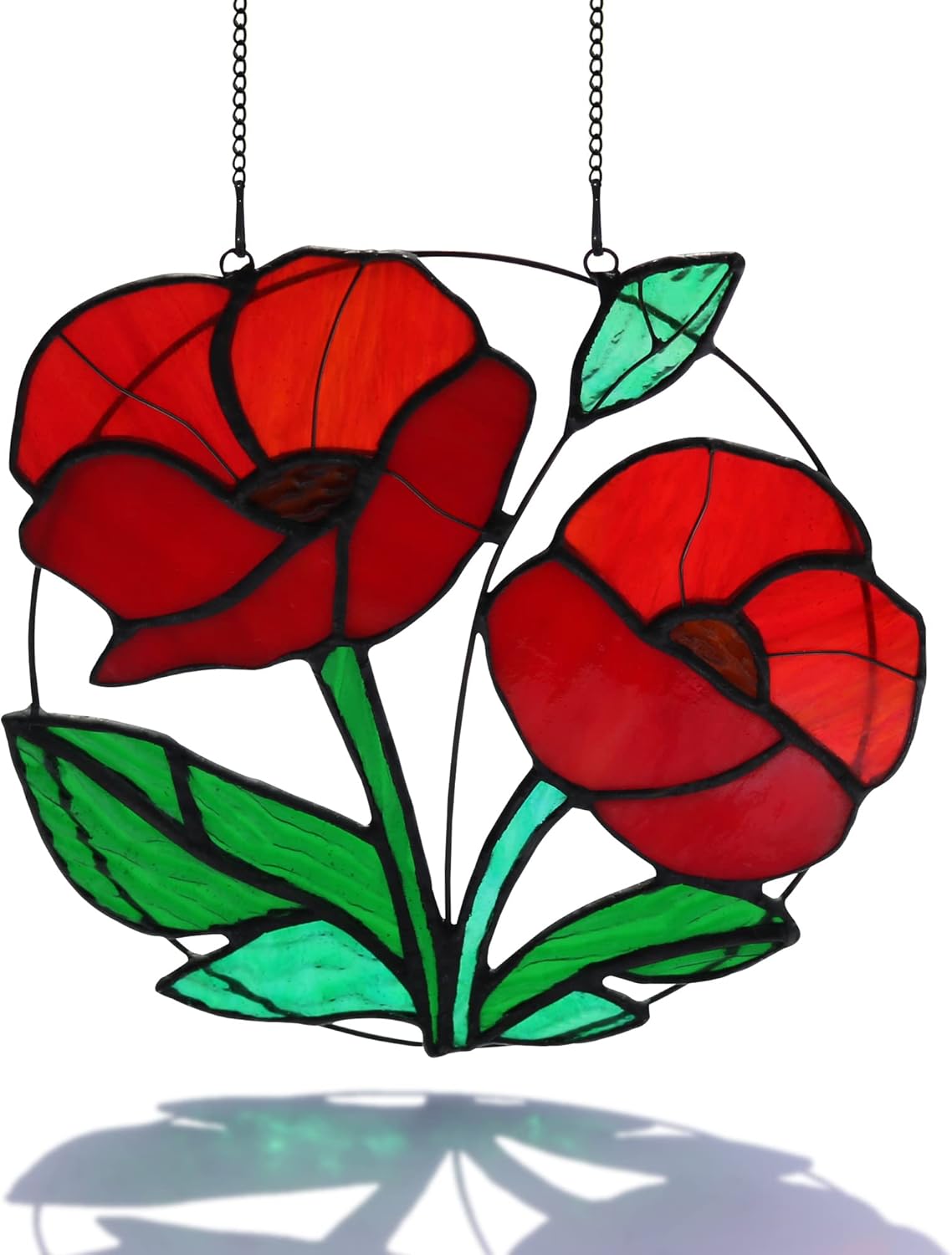 Red Flowers Stained Glass Window Hanging,Artificial Poppy Flower Suncatcher Wall Art Decor,Red