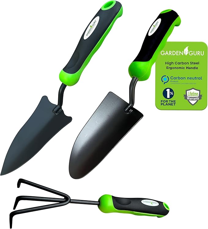 Garden Guru Garden Tool Set 3pc Hand Trowel Transplanter Cultivator – Heavy Duty Rust Resistant