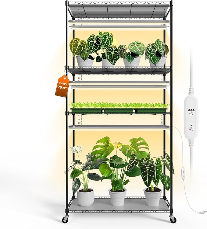 Bstrip Plant Shelf with Grow Light with Timer, Tall Plant Stand with Adjustable Rack and Wheels, 6