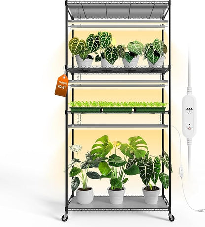 Bstrip Plant Shelf with Grow Light with Timer, Tall Plant Stand with Adjustable Rack and Wheels, 6