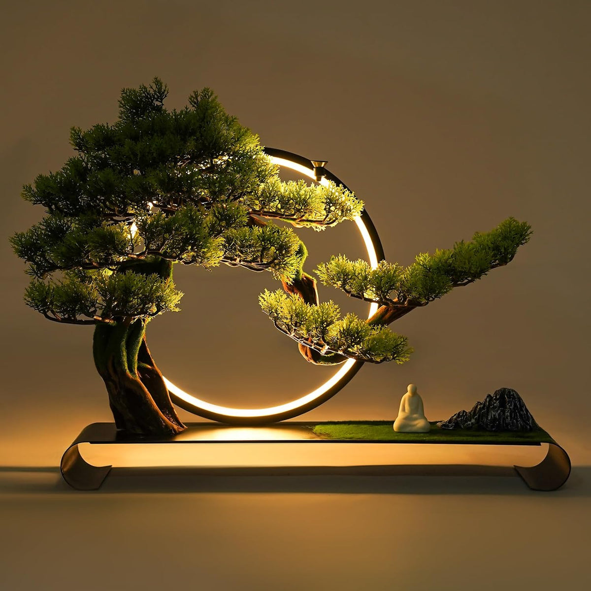 Artificial Bonsai Pine Tree Faux Realistic Simulation Bonsai with LED Lamp Ring Fake Plants Desk