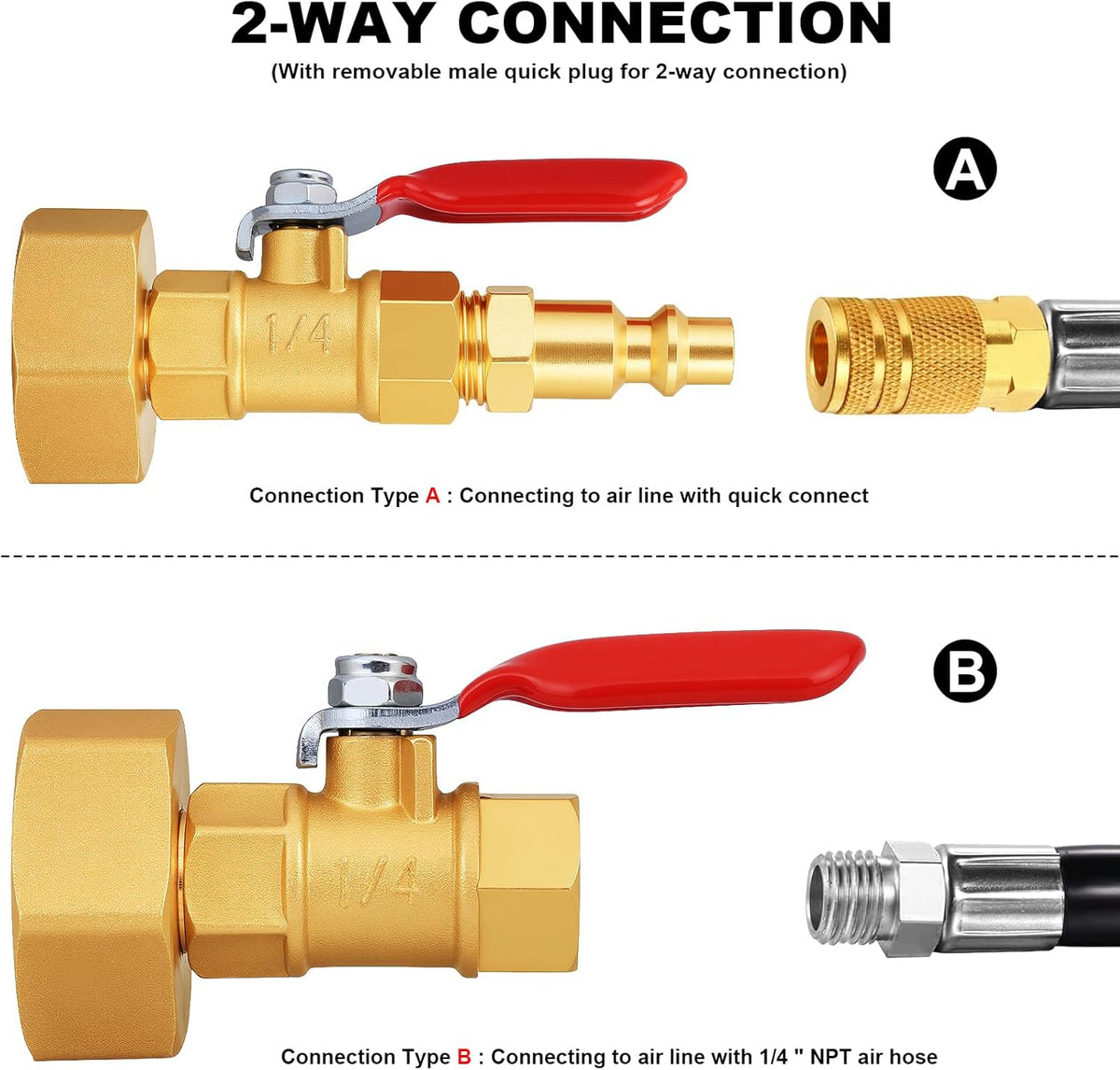 RV Winterize/Winterization Blowout Adapter - Brass with Ball Valve, 1/4" Male Quick Connect to 3/4"