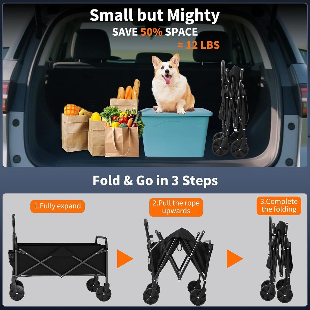 Collapsible Wagon Cart 380Lbs Capacity, Foldable Utility Portable Beach Wagon with All-Terrain