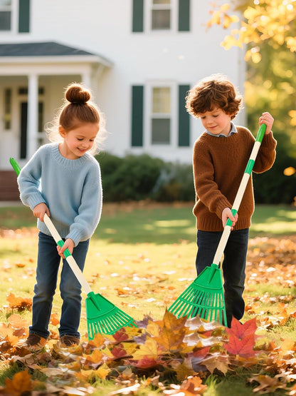 Acostop 2 Pcs Kids Rakes with Wood Handle - 34" Lightweight Plastic Garden Rake for Leaves, Safe to