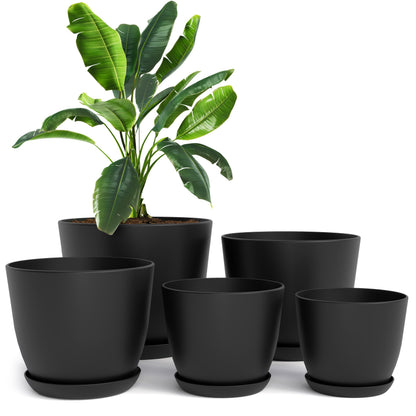 Plant Pots Indoor with Drainage, 5 Pack Multi-Size Planters Set, Black