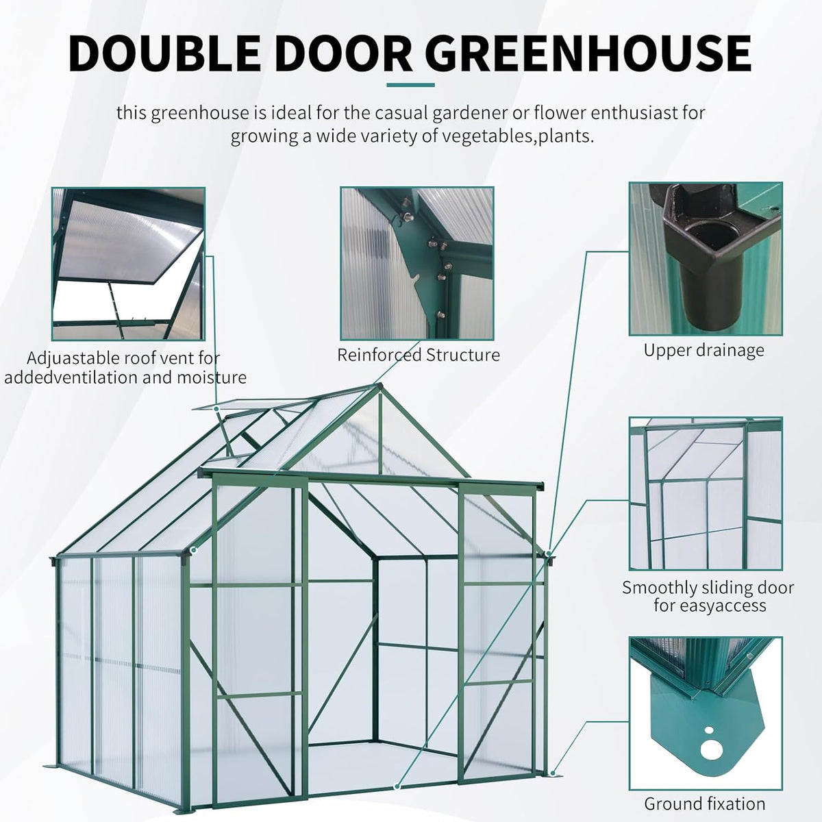 KEIKI 8x6 FT Double Door Polycarbonate Greenhouse with Aluminum Frame,Raised Base and Roof