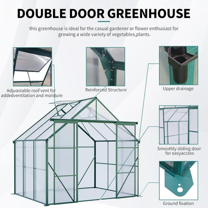 KEIKI 8x6 FT Double Door Polycarbonate Greenhouse with Aluminum Frame,Raised Base and Roof