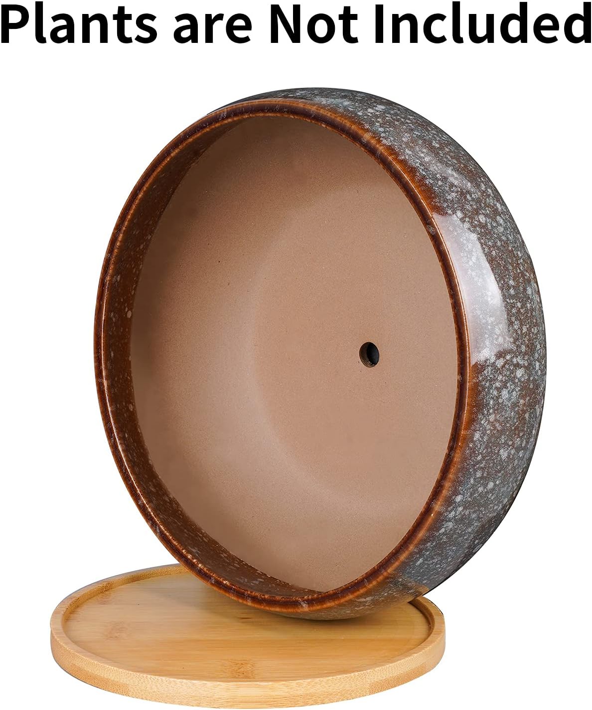 8 Inch Ceramic Bonsai Planter Pot, Glazed Shallow Succulent Planter with Drainage Hole and Bamboo