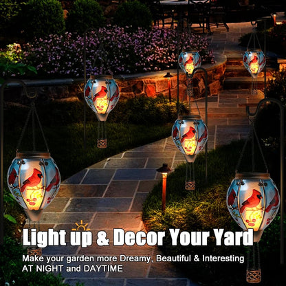 Hot Air Balloon Solar Lantern - Cardinal Bird Glass Lantern, Simulated Flickering & Dancing Flame