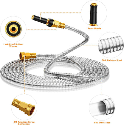100 FT Garden Hose Expandable - 304 Stainless Steel Water Hose 100 FT - Heavy Duty Flexible Kink