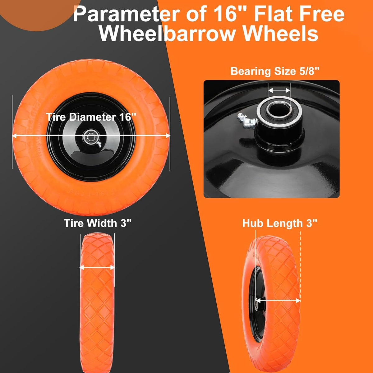 Upgraded 16" Flat Free Wheelbarrow Wheels and Tires, 4.80/4.00-8 Solid Tires with 5/8"&3/4"