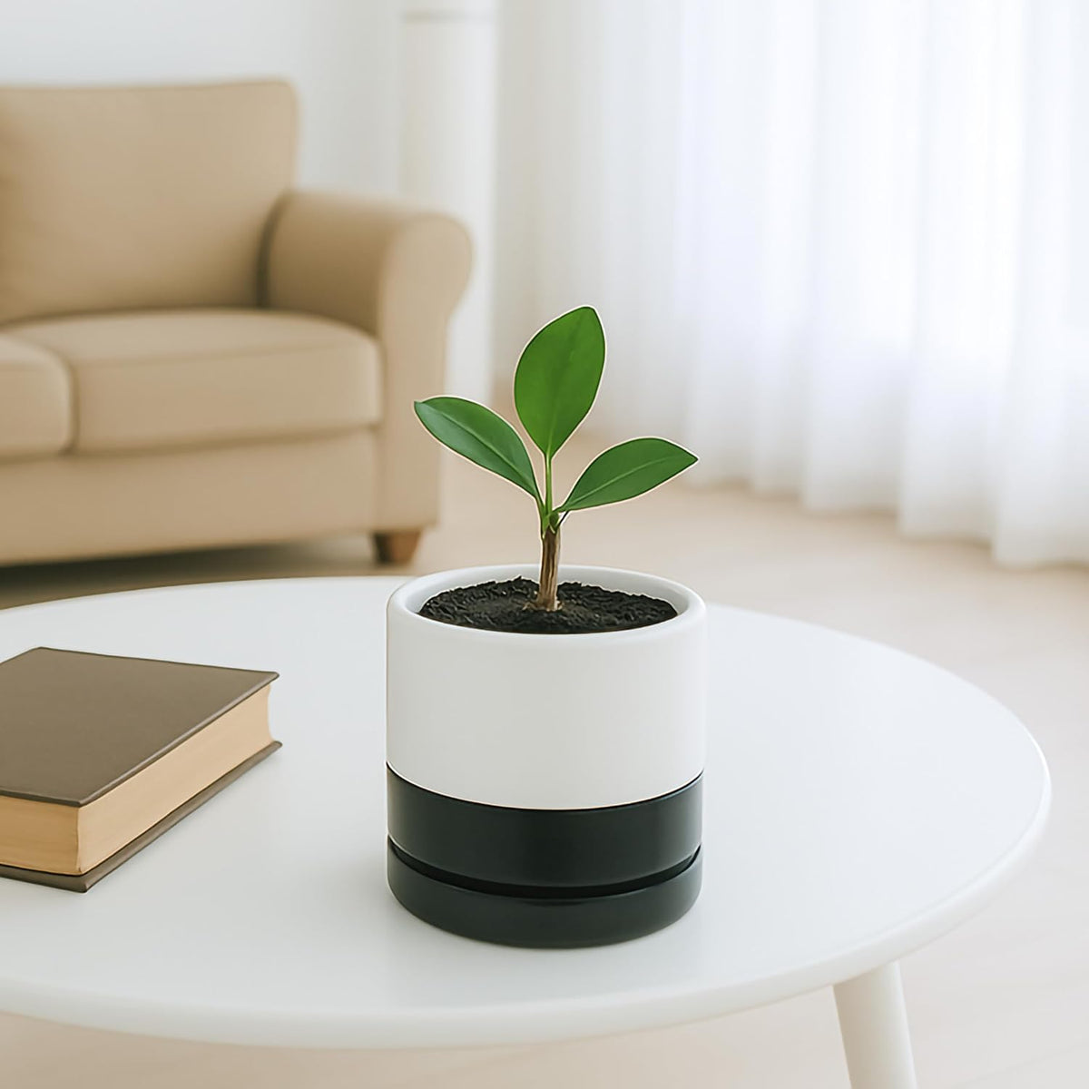 D'vine Dev 4.7 Inch Ceramic Planter Pot with Drainage Hole and Saucer, Indoor Cylinder Round