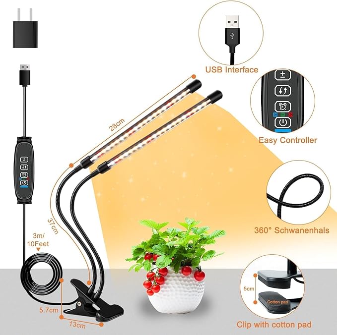 Full Spectrum Dual Heads Clip Grow Lights for Indoor Plants with 3/9/12H Timer Dimmer and 10 feet