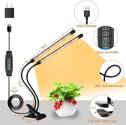 Full Spectrum Dual Heads Clip Grow Lights for Indoor Plants with 3/9/12H Timer Dimmer and 10 feet