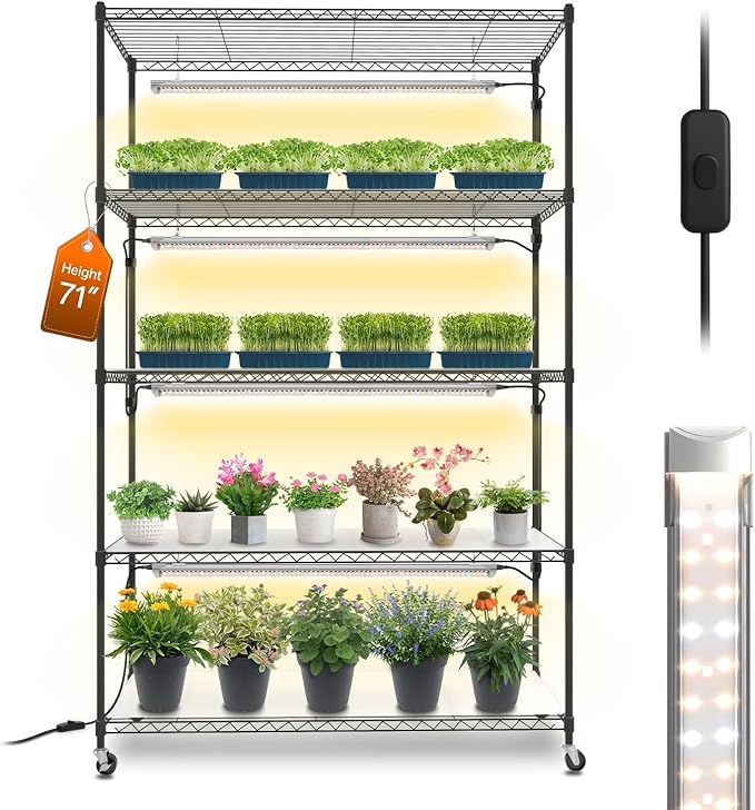 Bstrip Plant Shelf with Grow Light, 5 Tier Large Tall Plant Stand with 3FT T8 120W Grow Light for