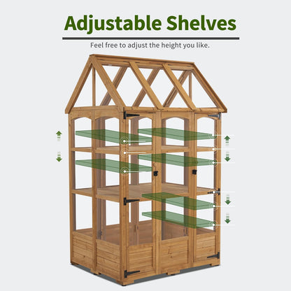 MCombo Wooden Greenhouse, Outdoor Greenhouse with Adjustable Roof Vent and 6 Lockable Door for