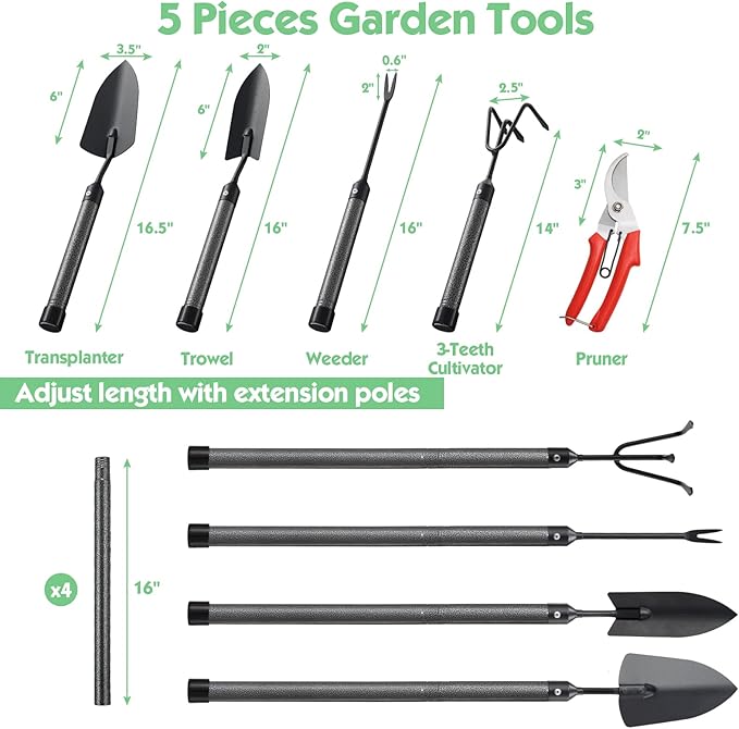 Garden Tools Set 5 Piece with Extended Handle, Heavy Duty Garden Tools Set, Ideal Gardening Tool