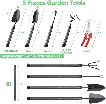 Garden Tools Set 5 Piece with Extended Handle, Heavy Duty Garden Tools Set, Ideal Gardening Tool