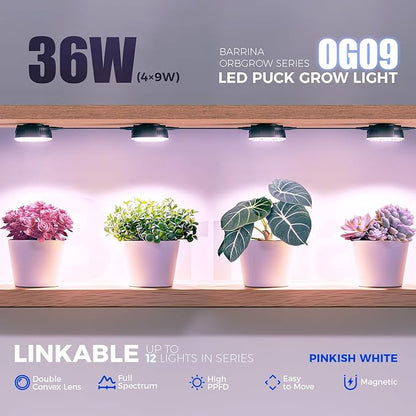 Barrina Orbgrow OG09 Puck Grow Light with Timer, Pinkish White 36W(4 x 9W, 540 Watt Equiv), Full