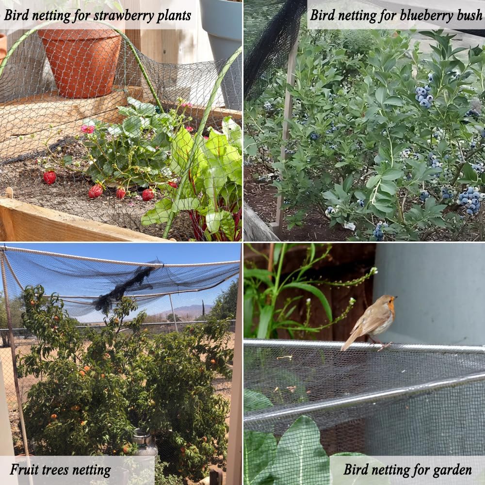 Junflying Bird Netting, 30x30 FT – 1/2" Mesh, Woven Black Netting for Garden Protection with Ties
