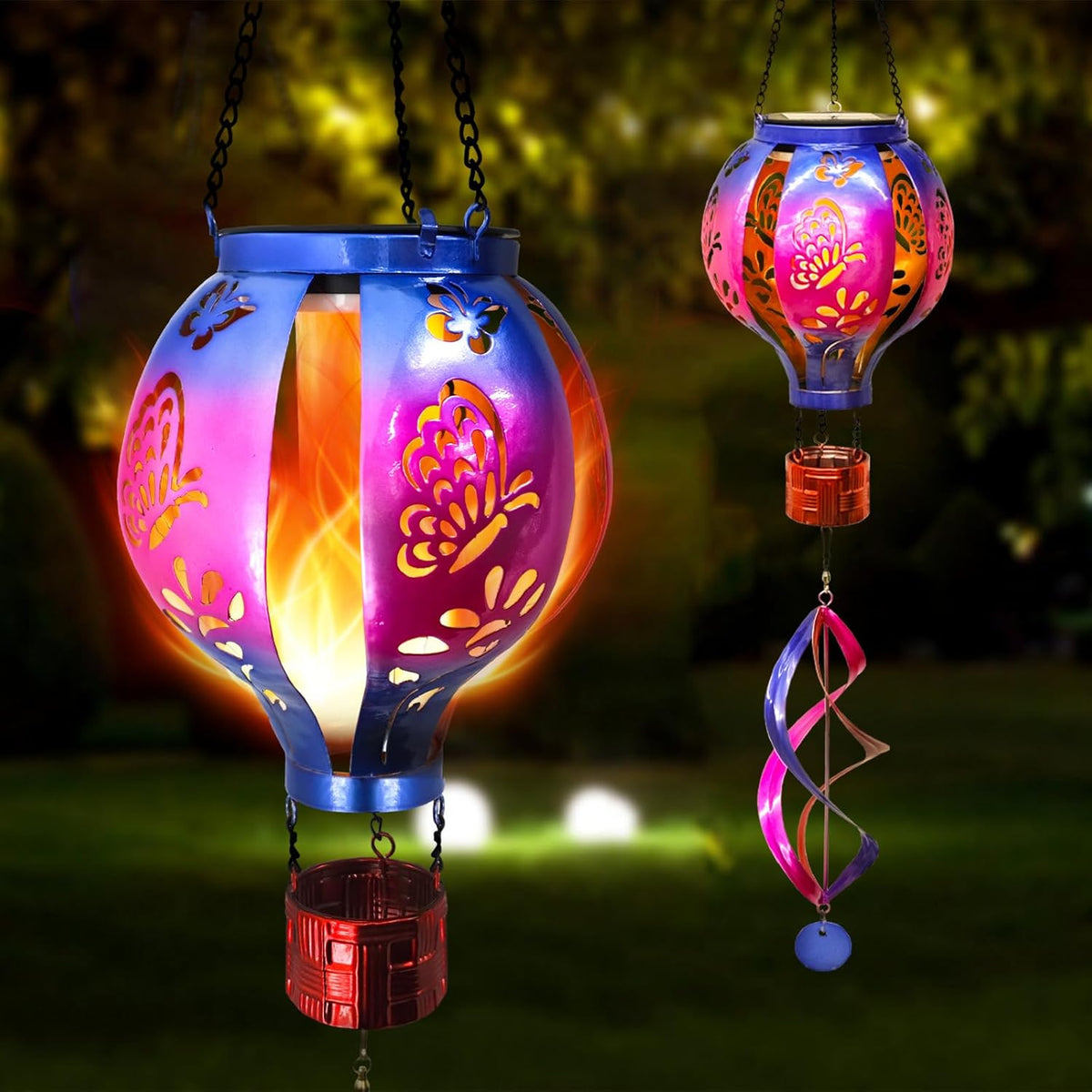 Hot Air Balloon Solar Lantern Butterfly Wind Spinners with Flickering Flame Light Hanging Solar
