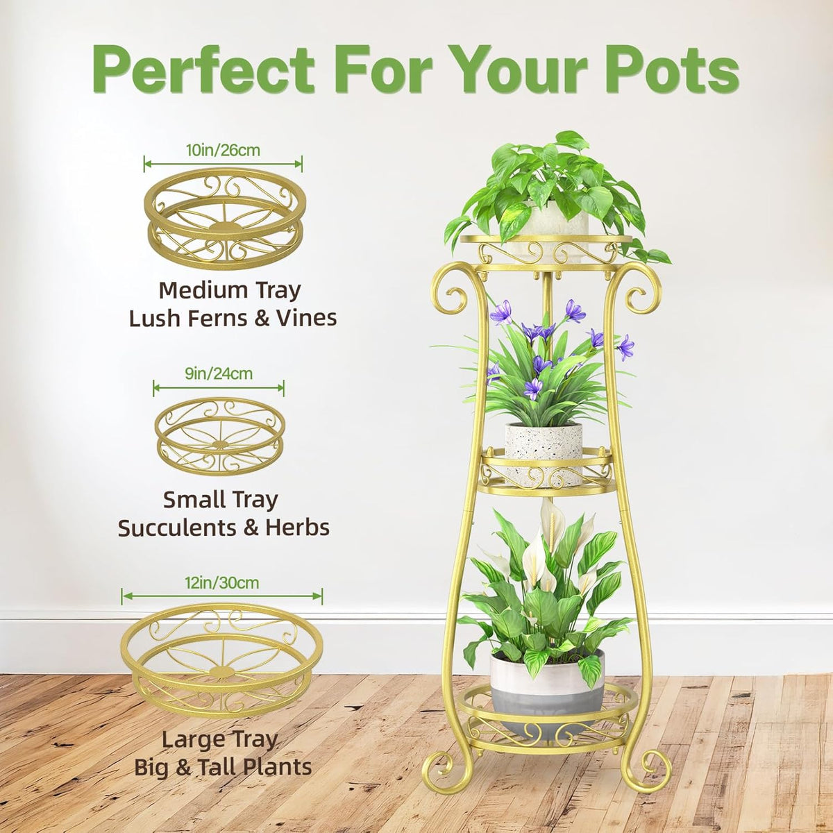 iDavosic.ly 3 Tier Metal Plant Stand Indoor Outdoor, Wrought Iron Corner Tall Flower Pot Holder
