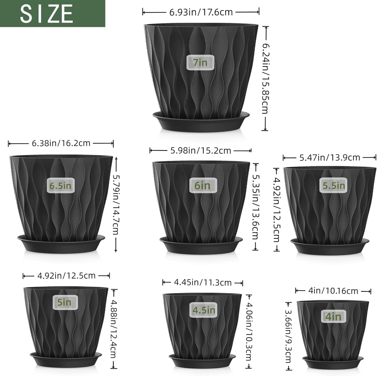 4/4.5/5/5.5/6/6.5/7 Inch Plant Pots,7 Pack Flower Pots with Drainage Holes and Trays,Plastic
