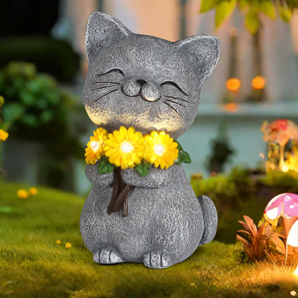 Solar Garden Statues Cat with Daisy and LED Lights Birthday Gifts for Women Mom Grandma Solar