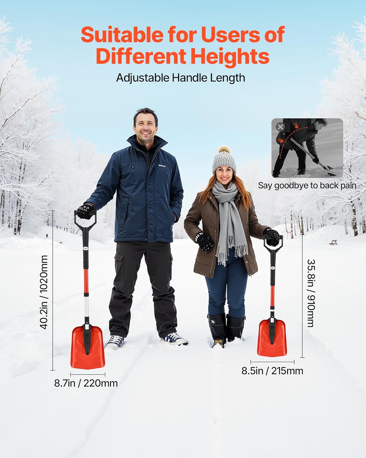 VEVOR Snow Shovel for Driveway, 9 in Foldable Snow Shovel with D-Shaped Handle, 36-40 in