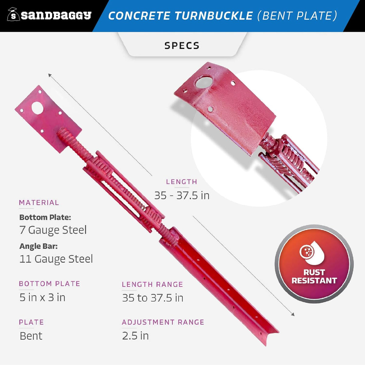 Sandbaggy Concrete Turnbuckle Form Aligner with 5" x 3" Bent Plate (35" - 37.5" Length) - Rust