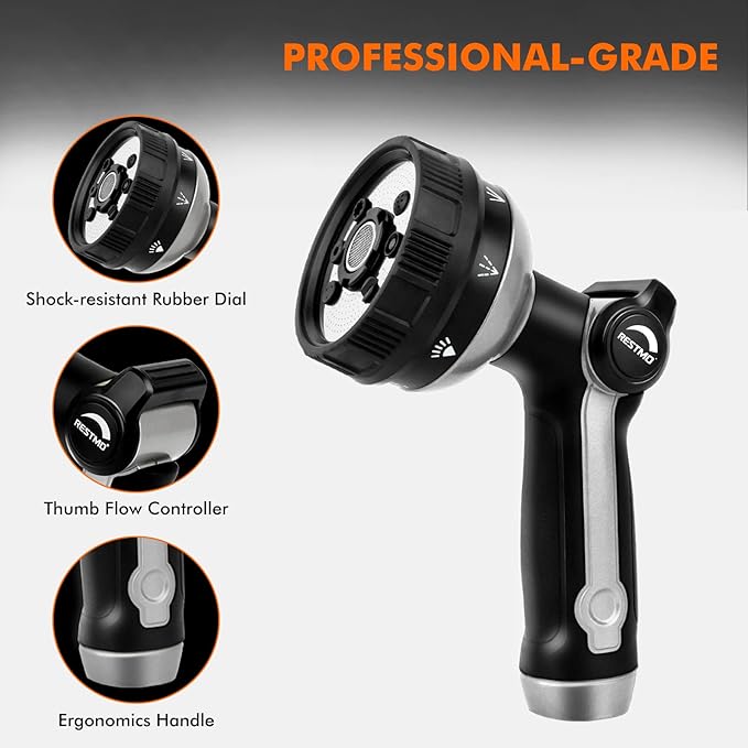 RESTMO Full Shower Hose Nozzle, Metal Spray Nozzle for Garden Hose, 8 Spray Patterns, Water Hose